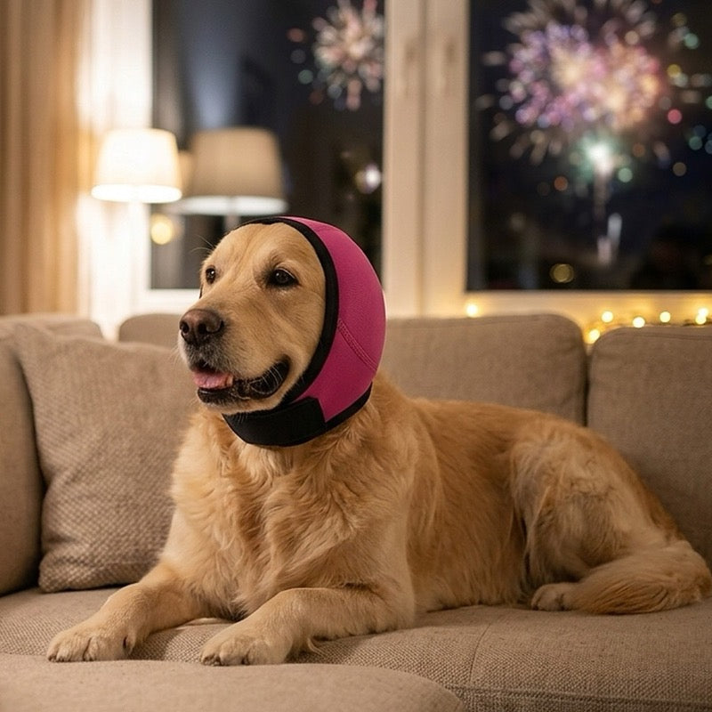 Hund mit Milobi Ohrenschützer auf dem Sofa an Silvester